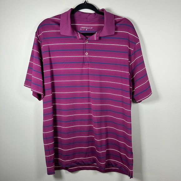 Nike Golf Dri-Fit Large Magenta Blue White Stripe Short Sleeve Polo Shirt - Picture 1 of 4